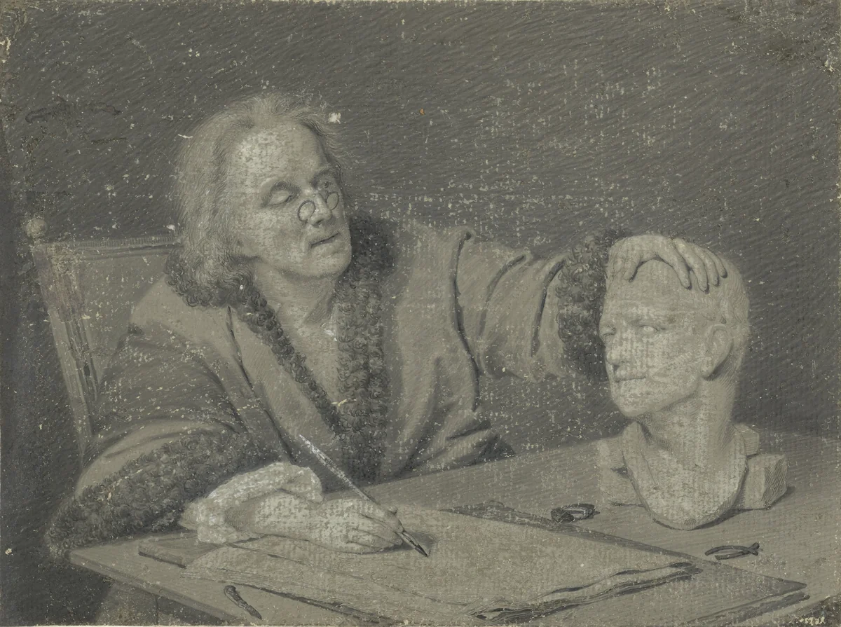 Tekenaar die een gipskop schetst by Carl Heinrich Mylius, drawing, 1756