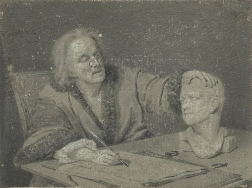 Tekenaar die een gipskop schetst by Carl Heinrich Mylius, drawing, 1756