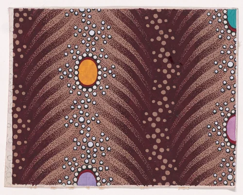 Textile Design with Vertical Undulating Garlands of Pearls and Ovals Framed with Pearls over Undulating Stylized Palm Leaves Separated by Undulating Garlands of Dots by anonymous, drawing, 1840