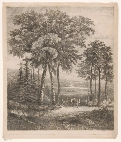 Landschap met paardenkar by Jean Théodore Joseph Linnig, print, 1825-1891