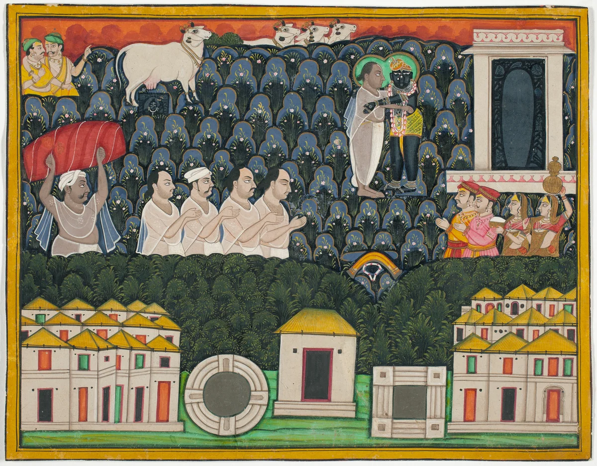 Pratham Milan, Shrinathji revealing himself to Vallabhacharya on Mount Govardhan by India Rajasthan, Nathdwara, painting, 1801-1825