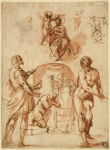 Sketches: Virgin and Child; Virgin and Child with Two Saints; Saint Baptizing Kneeling Figure by Giovanni Baglione, drawing, 1593-1649
