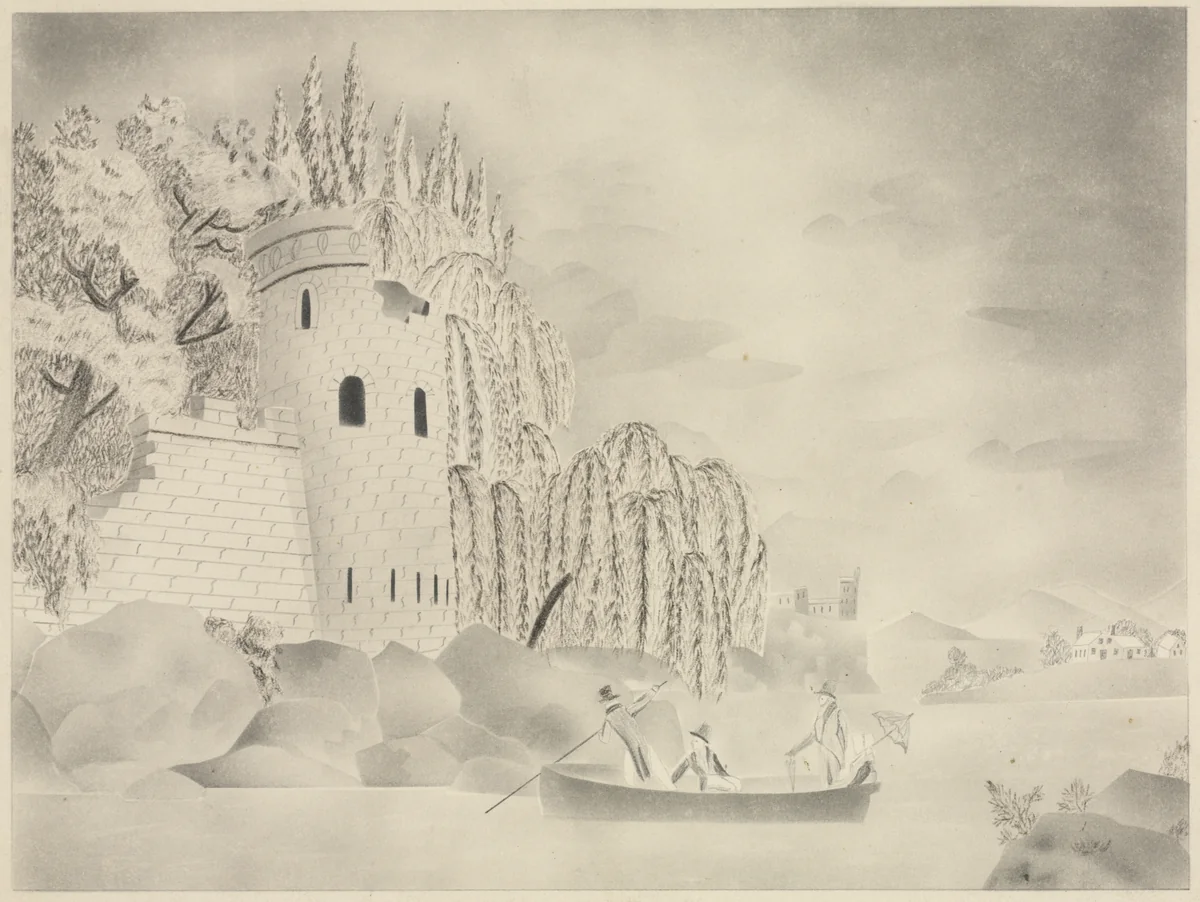 The Lonely Tower (Castle on a River with Willows and a Boat) by Mary Altha Nims, drawing, 1840-1899