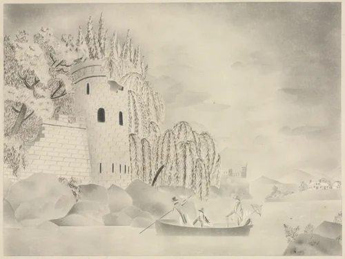 The Lonely Tower (Castle on a River with Willows and a Boat) by Mary Altha Nims, drawing, 1840-1899