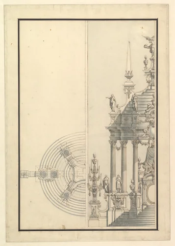 Half Elevation and Half Ground Plan for a Catafalque: Columns Supporting a Steeped Dome with two Obelisks Surmounted by Figure of Fame by Giuseppe Galli Bibiena, drawing, 1696-1756