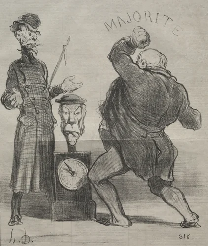 Testing His Strength by Honoré Daumier, print, 1851