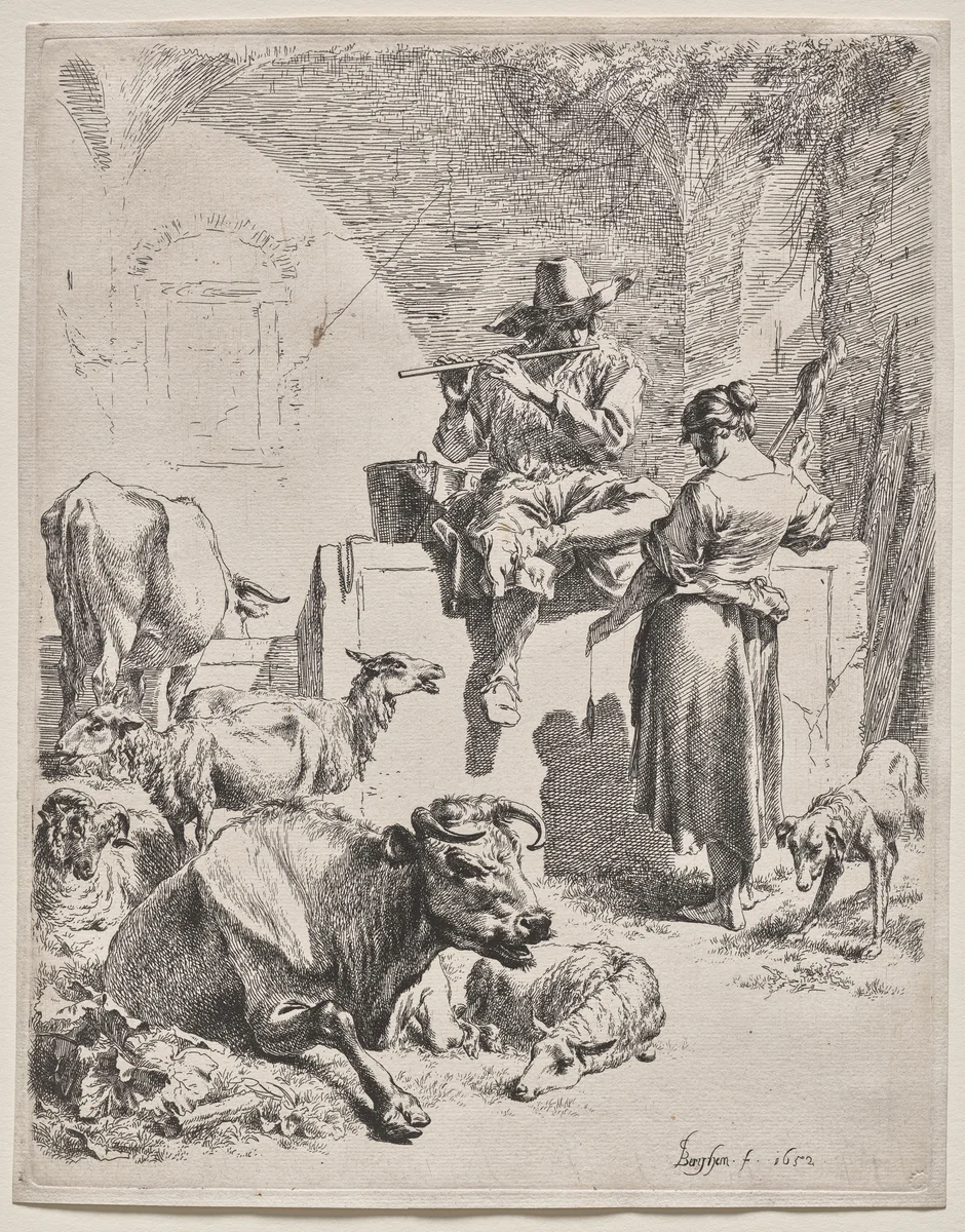 The Piping Shepherd by Nicolaes Berchem, print, 1652