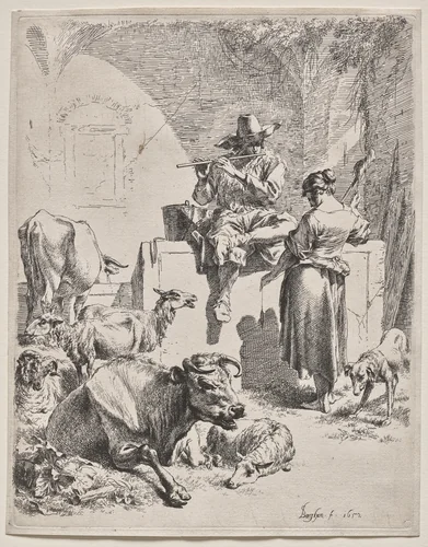 The Piping Shepherd by Nicolaes Berchem, print, 1652