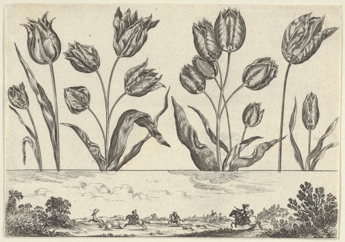 Horizontal Panel with a Row of Flowers Above a Frieze with a Hunting Scene in a Landscape, from "Livre Nouveau de Fleurs Tres-Util" by Nicolas Cochin, print, 1645