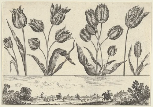 Horizontal Panel with a Row of Flowers Above a Frieze with a Hunting Scene in a Landscape, from "Livre Nouveau de Fleurs Tres-Util" by Nicolas Cochin, print, 1645