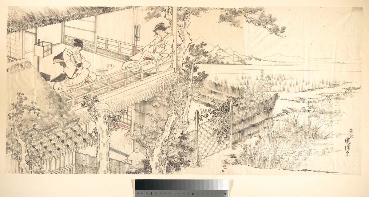 Two Courtesans Enjoying the View from a Teahouse by Utagawa Kunisada (歌川国貞), print, 1844-1868