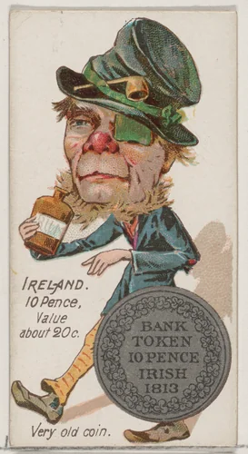 Caricatured Irishman, 10 Pence, from the series Coins of All Nations (N72, variation 1) for Duke brand cigarettes by W. Duke, Sons & Co., print, 1889