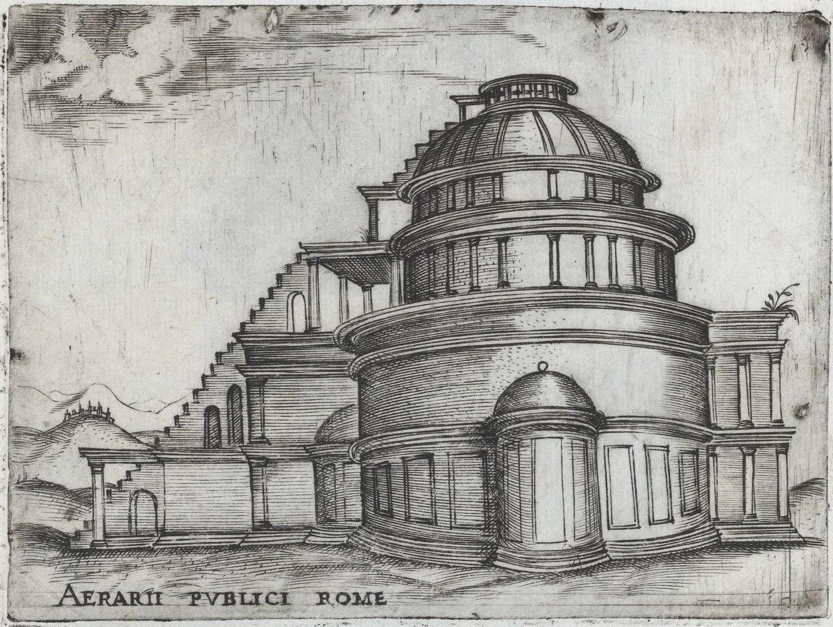 Palatium Claudie Imperatoris, from a Series of Prints depicting (reconstructed) Buildings from Roman Antiquity by Monogrammist G.A. with the Caltrop, book, 1530-1550