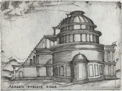 Palatium Claudie Imperatoris, from a Series of Prints depicting (reconstructed) Buildings from Roman Antiquity by Monogrammist G.A. with the Caltrop, book, 1530-1550