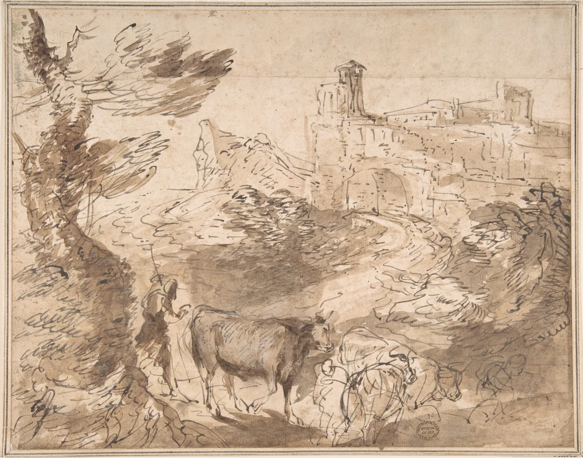 Landscape with Herdsman by anonymous, drawing, 1600-1700