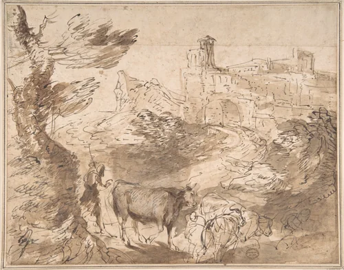 Landscape with Herdsman by anonymous, drawing, 1600-1700