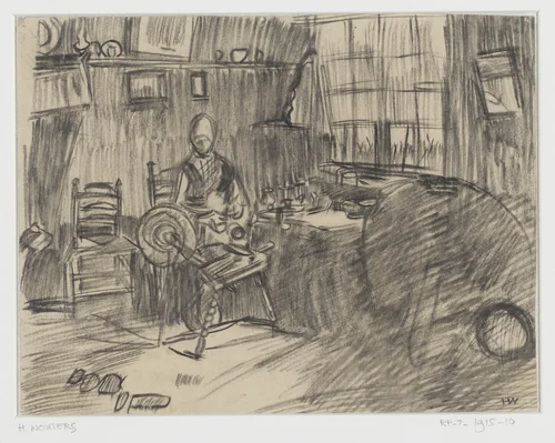 Boereninterieur met een vrouw achter een spinnewiel by Henri Wouters, drawing, 1876-1915