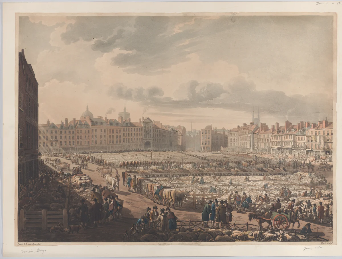 A Bird's Eye View of Smithfield Market, Taken from the Bear & Ragged Staff by Thomas Rowlandson, print, 1811