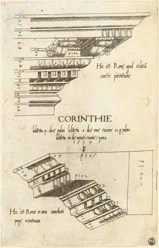 Entablatures from Santa Pudenziana and the Arch of Camigliano, Rome by Master PS, print, 1537