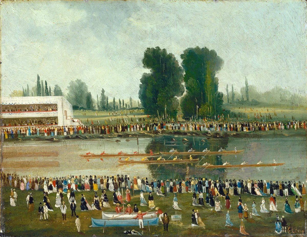 Rowing Scene: Crowds Watching from the River Banks by E. Levy, painting, 1850-1899