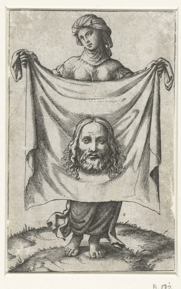 Heilige Veronica met zweetdoek (sudarium) met gelaat van Christus by Unknown, print, 1500-1520