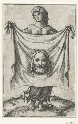 Heilige Veronica met zweetdoek (sudarium) met gelaat van Christus by Unknown, print, 1500-1520
