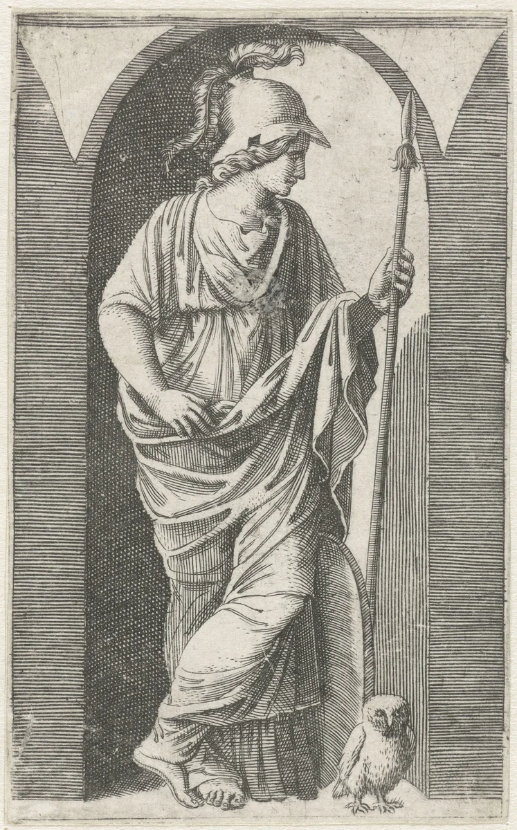 Minerva met wapenrusting en uil by Marcantonio Raimondi, print, 1511-1520