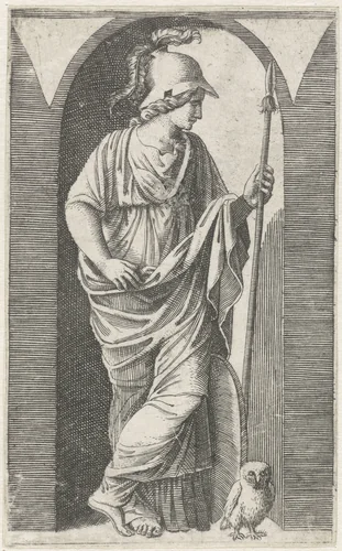 Minerva met wapenrusting en uil by Marcantonio Raimondi, print, 1511-1520