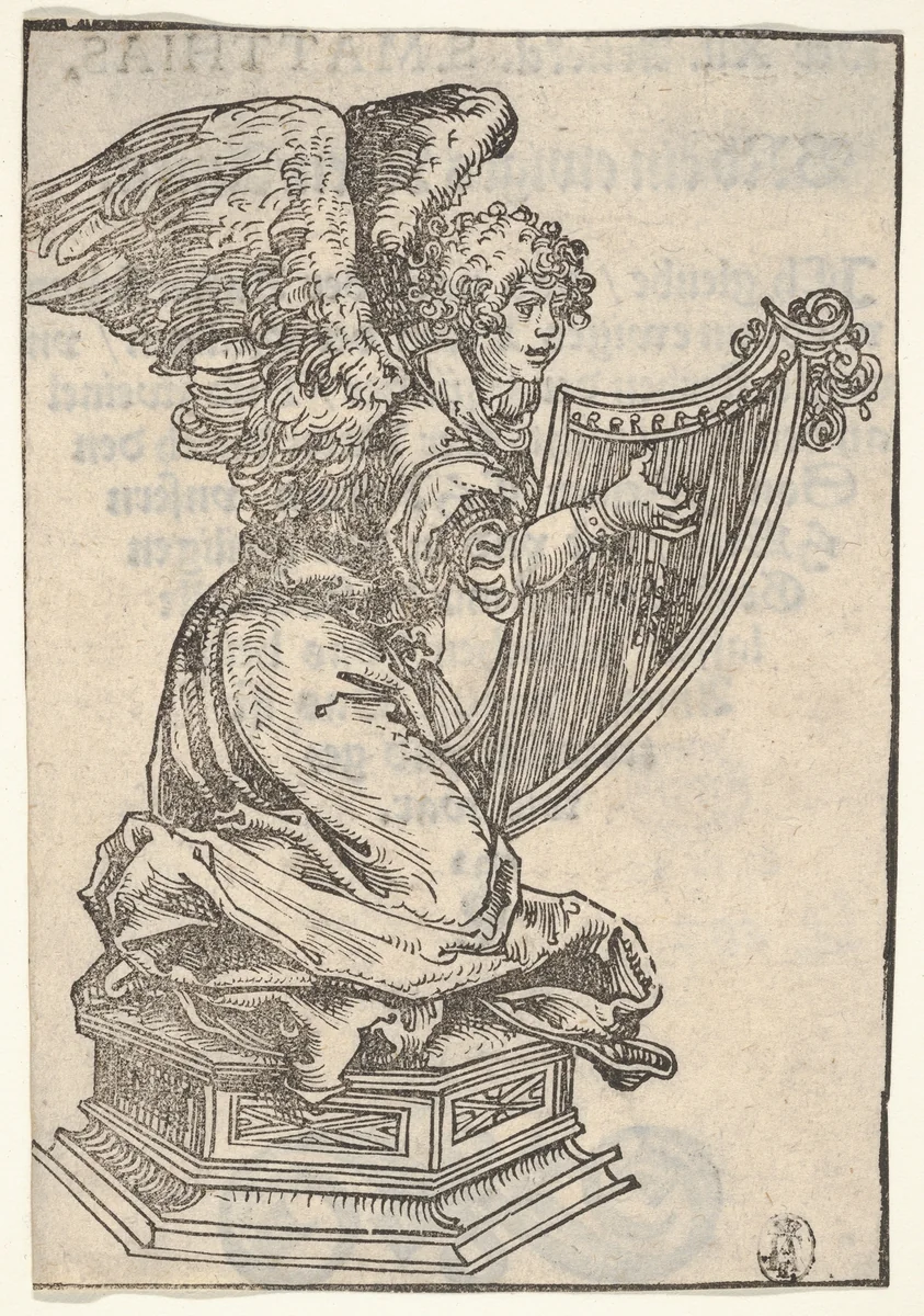 A Silver Statuette of an Angel Playing the Harp, from the "Wittenberg Reliquaries" by Lucas Cranach, print, 1509