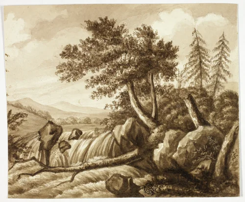 Waterfall in Rocky Landscape by Octavius Oakley, drawing, 1820-1867