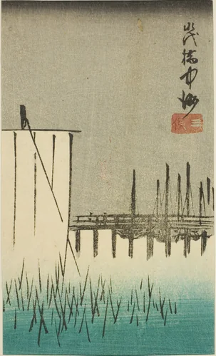 Eitai Bridge, Nakasu, and Mitsumata (Eitaibashi Nakasu Mitsumata), section of a sheet from the series "Cutouts of Famous Places in Edo (Harimaze Koto meisho)" by Utagawa Hiroshige (歌川広重), print, 1852