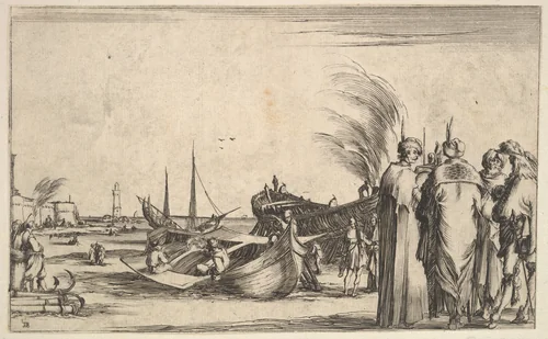 Three Turks and an Italian gentleman standing to right, men work on small boats in center, a fortress to left in the background, from "Set of eight nautical landscapes" (Suite de huit Marines) by Stefano della Bella, print, 1639