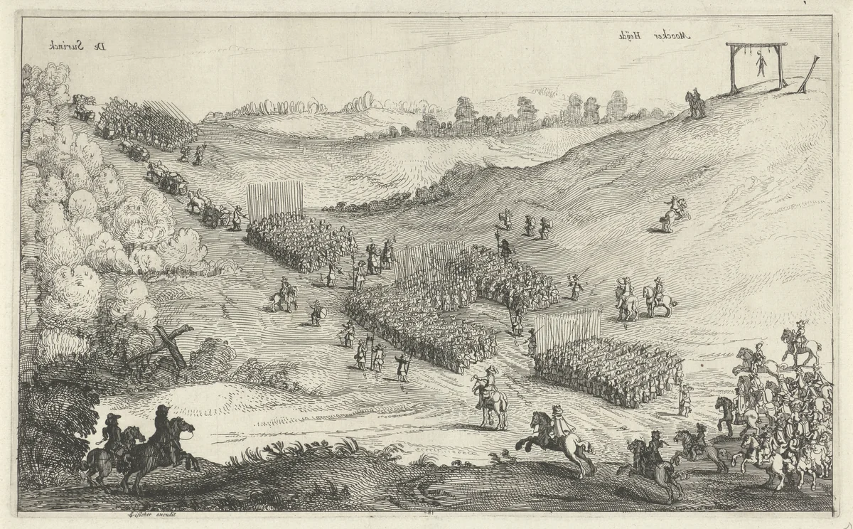 Schutterij van Leiden in slagorde op de Mookerheide, 1622 by Cornelis Liefrinck, print, 1622