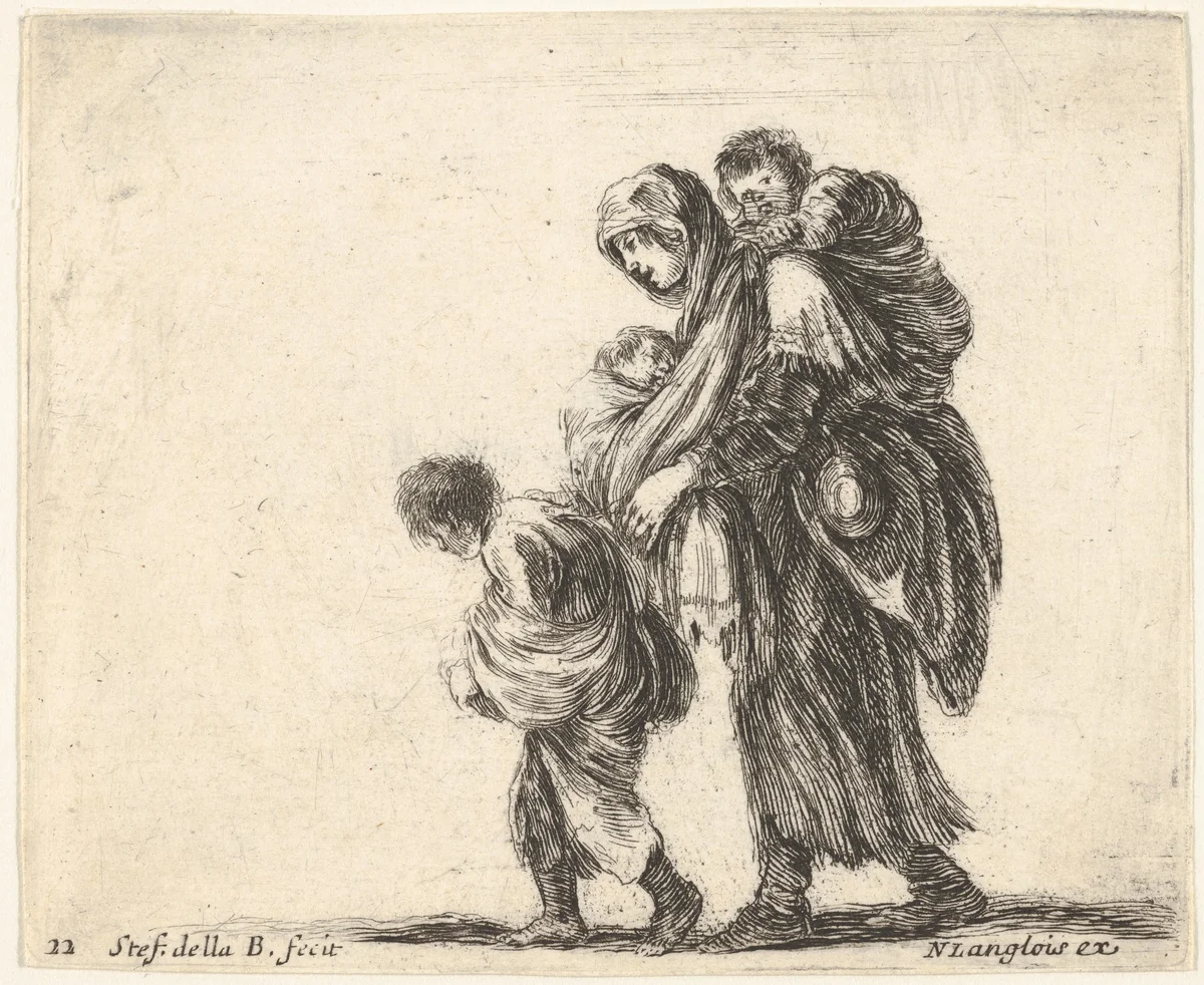 Plate 22: a beggar woman with three children, one child on her shoulders, one child in her arms, and one child who walks in front of her to left, from "Diversi Capricci" by Stefano della Bella, print, 1644-1647