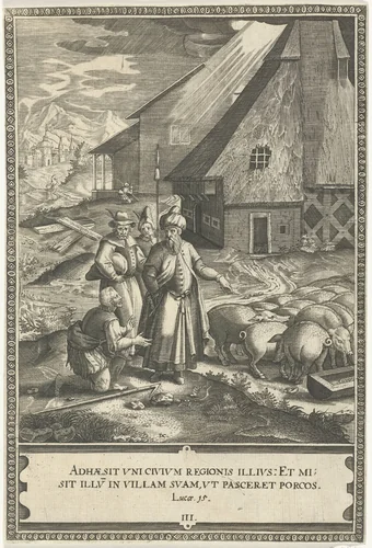 Gelijkenis van de Verloren Zoon: De verloren zoon als varkenshoeder by Unknown, print, 1579-1615