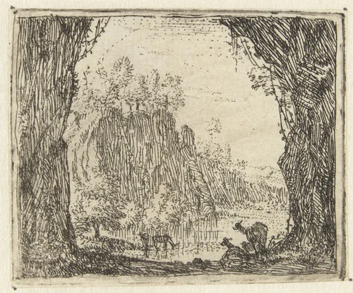 Italianiserend landschap met geiten bij een rivier by Karel du Jardin, print, 1652-1659