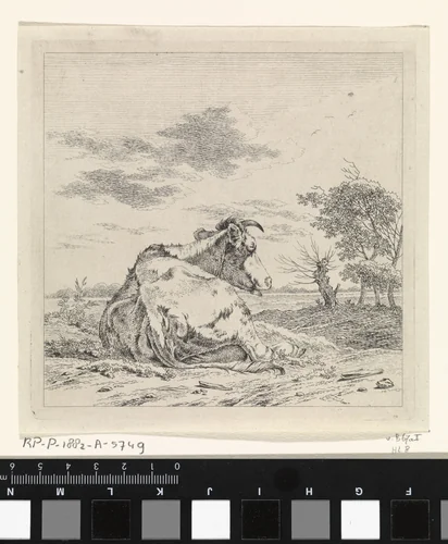 Landschap met liggende koe by Pieter Janson, print, 1780-1851