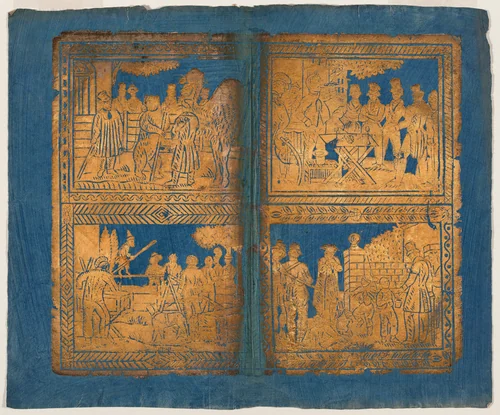 Endpaper with Four Circus (?) Scenes by German 18th Century, print, 1700-1799