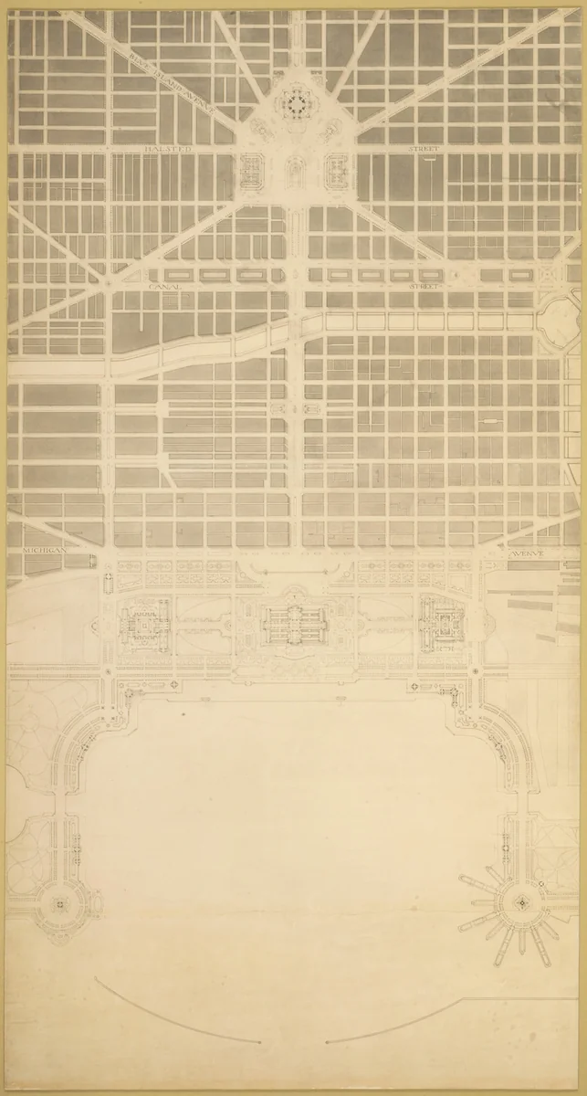 Plate 129 from The Plan of Chicago, 1909: Chicago. The Business Center of the City, Within the First Circuit Boulevard, Showing the Proposed Grand East-and-West Axis and Its Relation to Grant Park and the Yacht Harbor; the Railway Terminals Schemes on the South and West Sides, and the Civic Center by Daniel Hudson Burnham
Edward Herbert Bennett, drawing, 1909