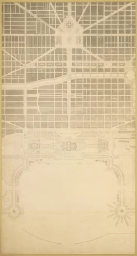 Plate 129 from The Plan of Chicago, 1909: Chicago. The Business Center of the City, Within the First Circuit Boulevard, Showing the Proposed Grand East-and-West Axis and Its Relation to Grant Park and the Yacht Harbor; the Railway Terminals Schemes on the South and West Sides, and the Civic Center by Daniel Hudson Burnham
Edward Herbert Bennett, drawing, 1909