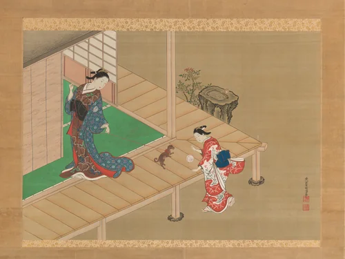 Courtesan and Attendant Playing with a Dog by Nishikawa Sukenobu (西川祐信), painting, 1716-1736