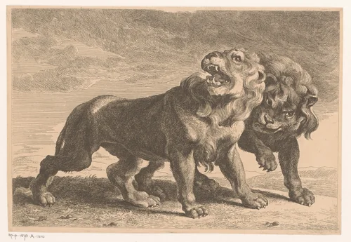 Twee leeuwen by Jean Baptiste de Roy, print, 1769-1839