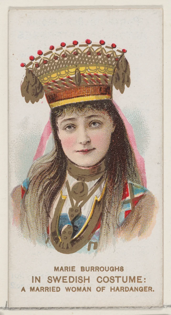 Marie Burroughs in Swedish Costume as a Married Woman of Hardanger, from the set Actors and Actresses, First Series (N70) for Duke brand cigarettes by W. Duke, Sons & Co., print, 1888-1889