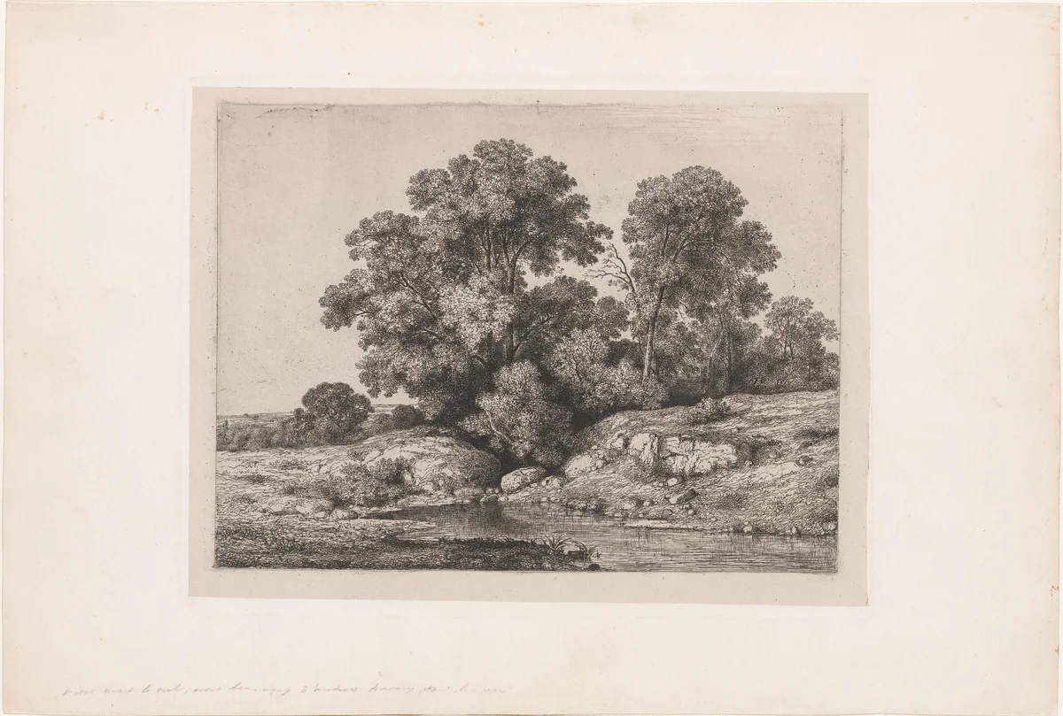 Poel aan de voet van een groep bomen by Jean Alexis Achard, print, 1850