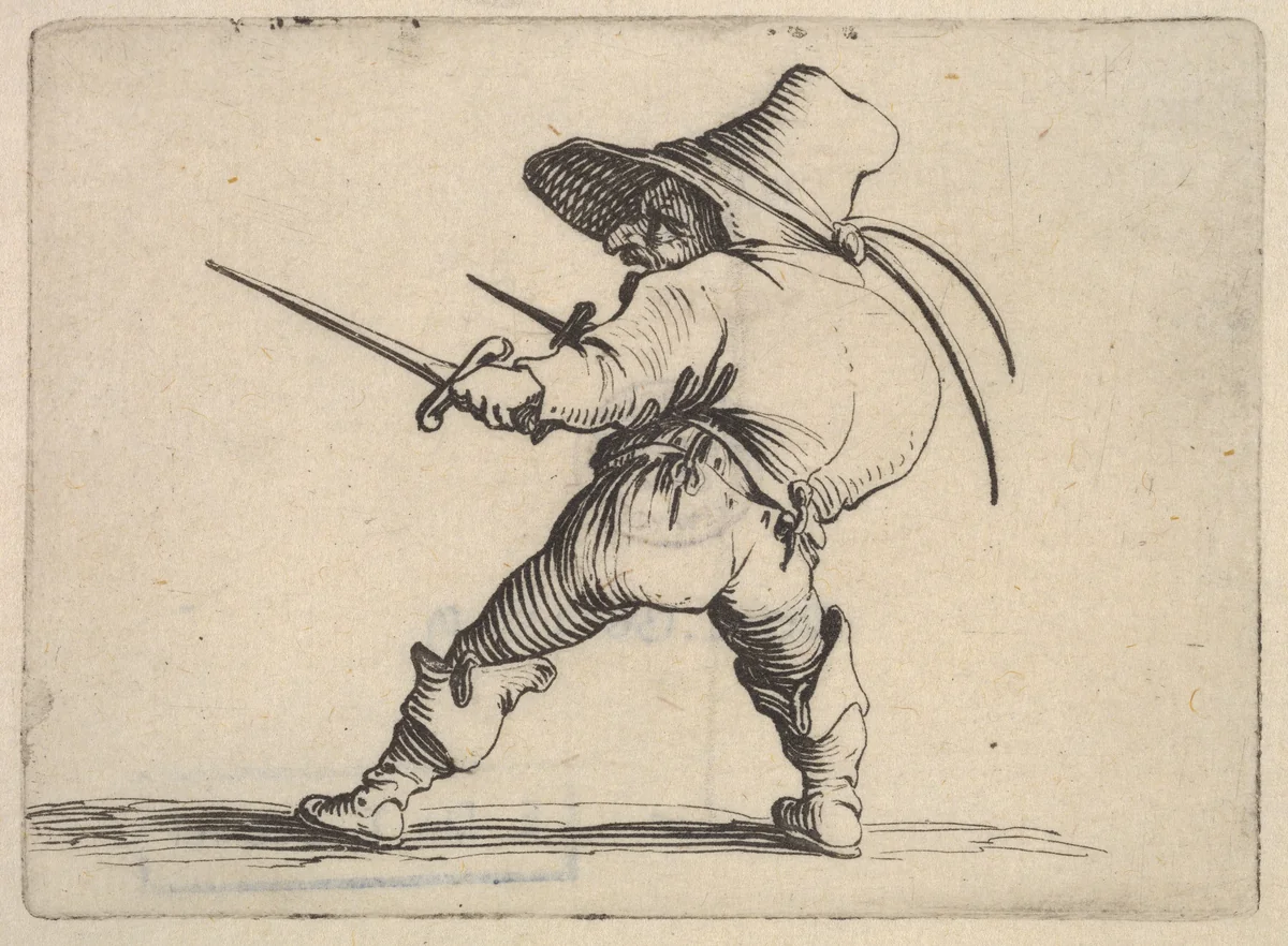 Small male figure wearing a hat, with daggers in both hands, and placing his weight on his right foot as he stretches his left foot forward, from "Varie Figure Gobbi" by Jacques Callot, print, 1621-1625