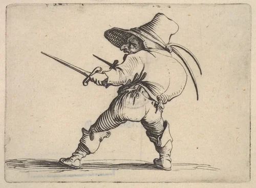 Small male figure wearing a hat, with daggers in both hands, and placing his weight on his right foot as he stretches his left foot forward, from "Varie Figure Gobbi" by Jacques Callot, print, 1621-1625