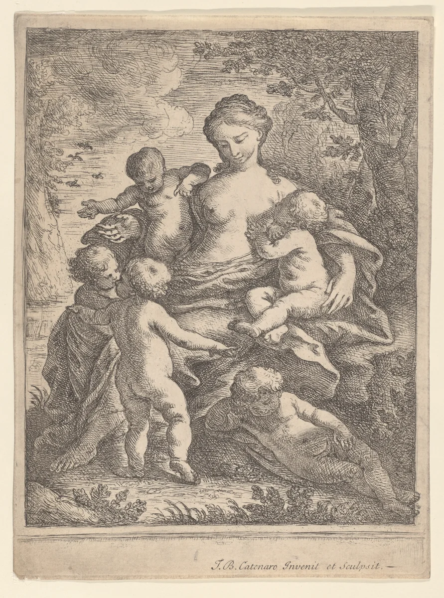 Charity, seated in a landscape surrounded by five nude children by Giovanni Battista Catenaro, print, 1692-1727