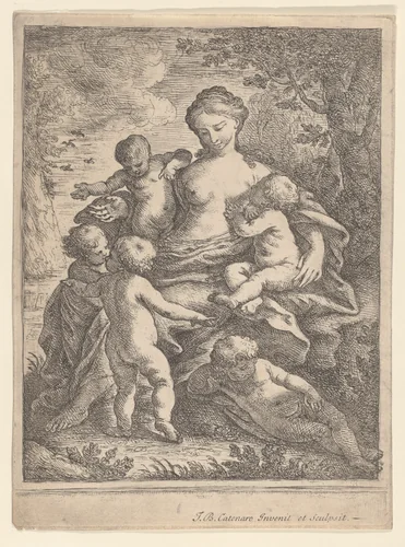 Charity, seated in a landscape surrounded by five nude children by Giovanni Battista Catenaro, print, 1692-1727