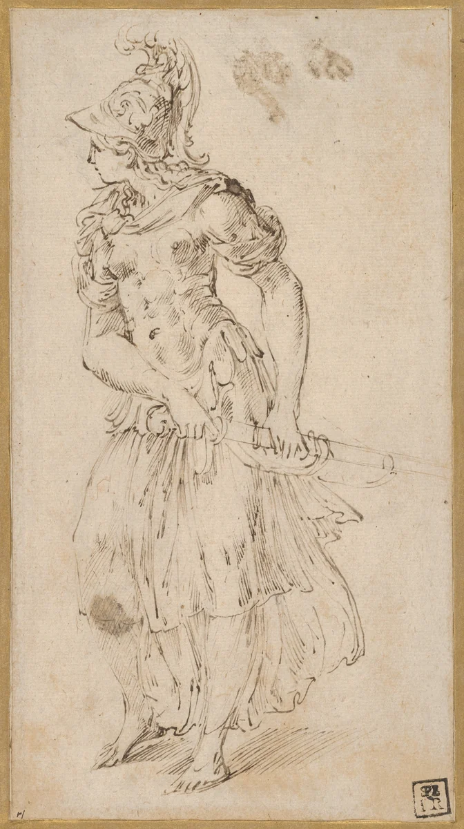 Standing Female Figure in Armor Drawing Her Sword (Minerva or Bellona) by Parmigianino, drawing, 1530-1540
