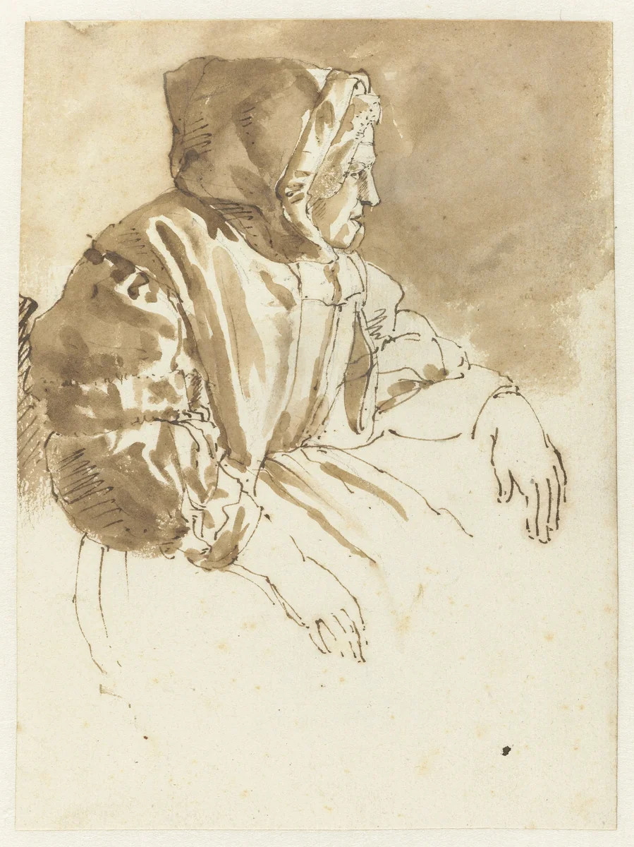 Oude vrouw in profiel naar rechts by Constantijn Huygens, drawing, 1638-1697